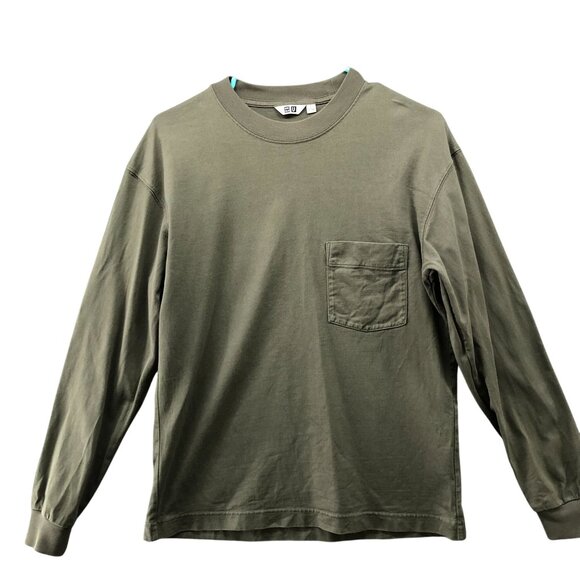 Uniqlo U Crewneck Long Sleeve T Shirt Mens XS Olive Green Pocket Tee - Picture 1 of 8